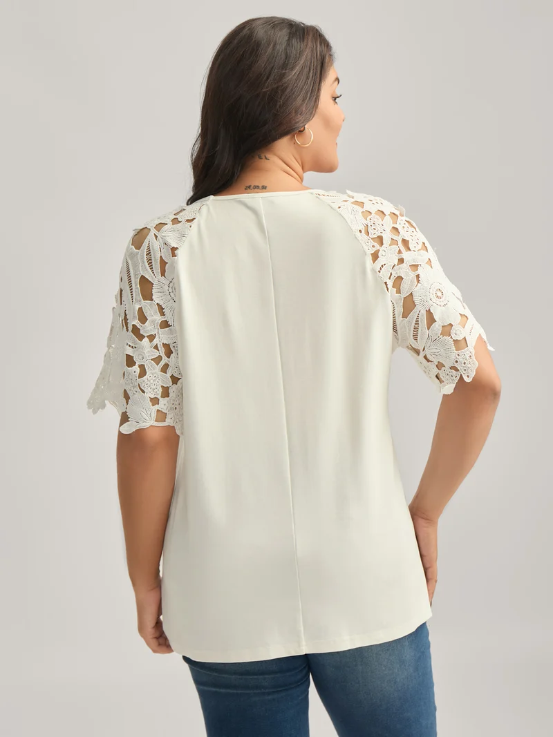 Lace Cut-Out Sleeve Solid T-Shirt