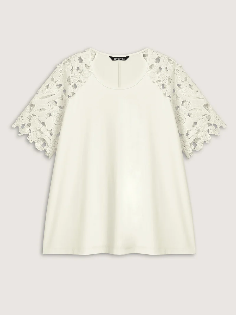 Lace Cut-Out Sleeve Solid T-Shirt