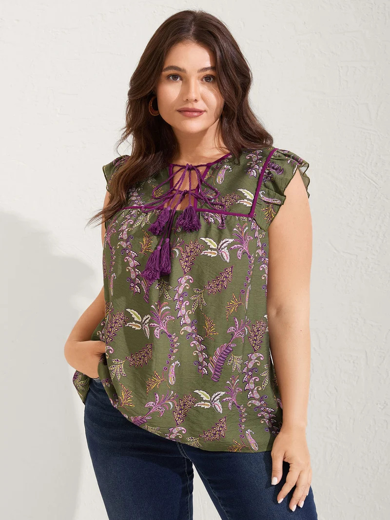Paisley Print Color Contrast Flowy Blouse