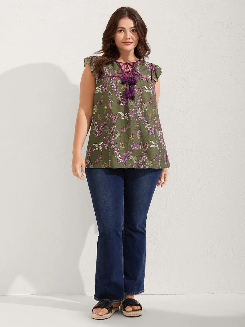 Paisley Print Color Contrast Flowy Blouse
