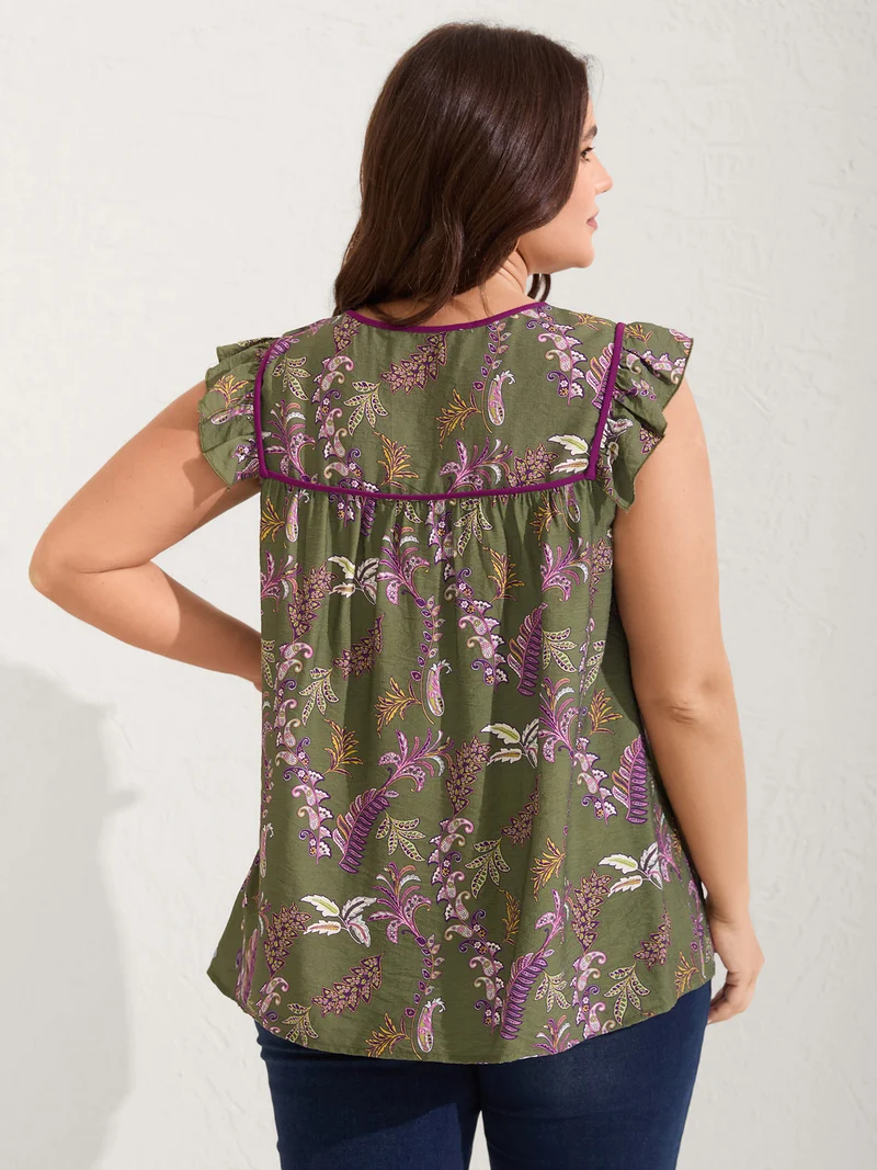 Paisley Print Color Contrast Flowy Blouse