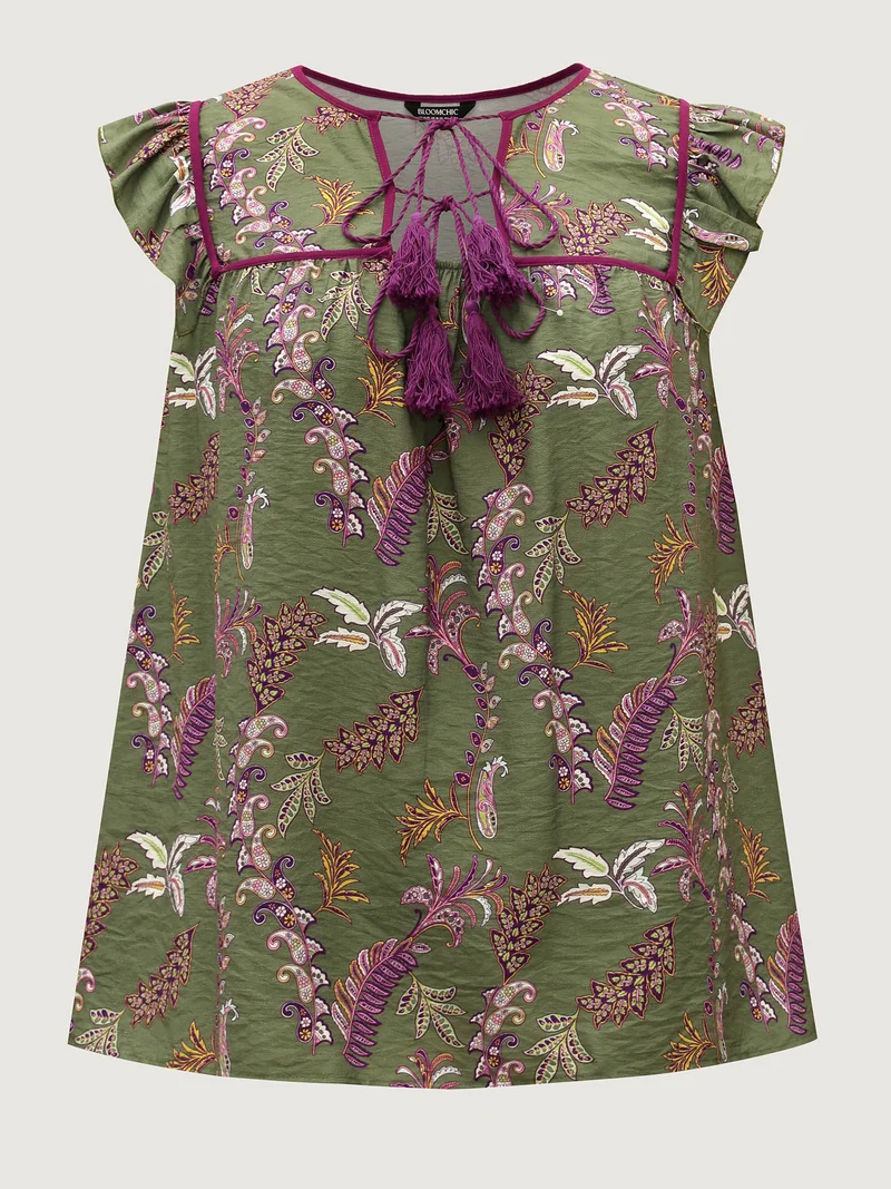 Paisley Print Color Contrast Flowy Blouse