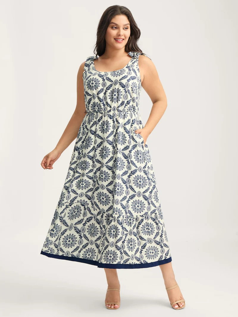 Rayon Ornate Print Knotted Shoulder Dress