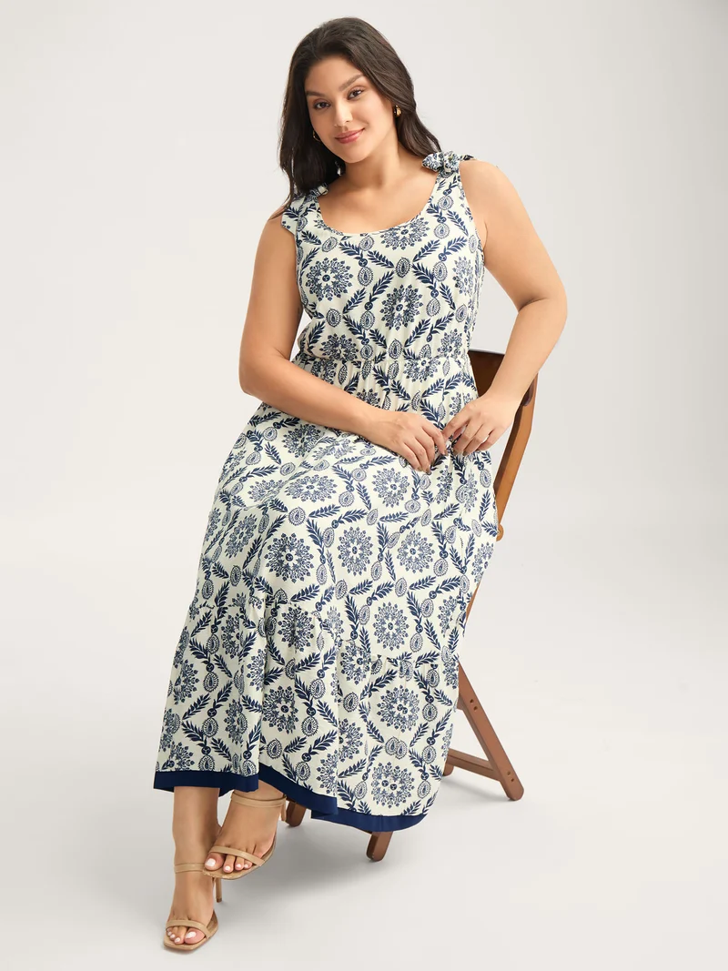 Rayon Ornate Print Knotted Shoulder Dress