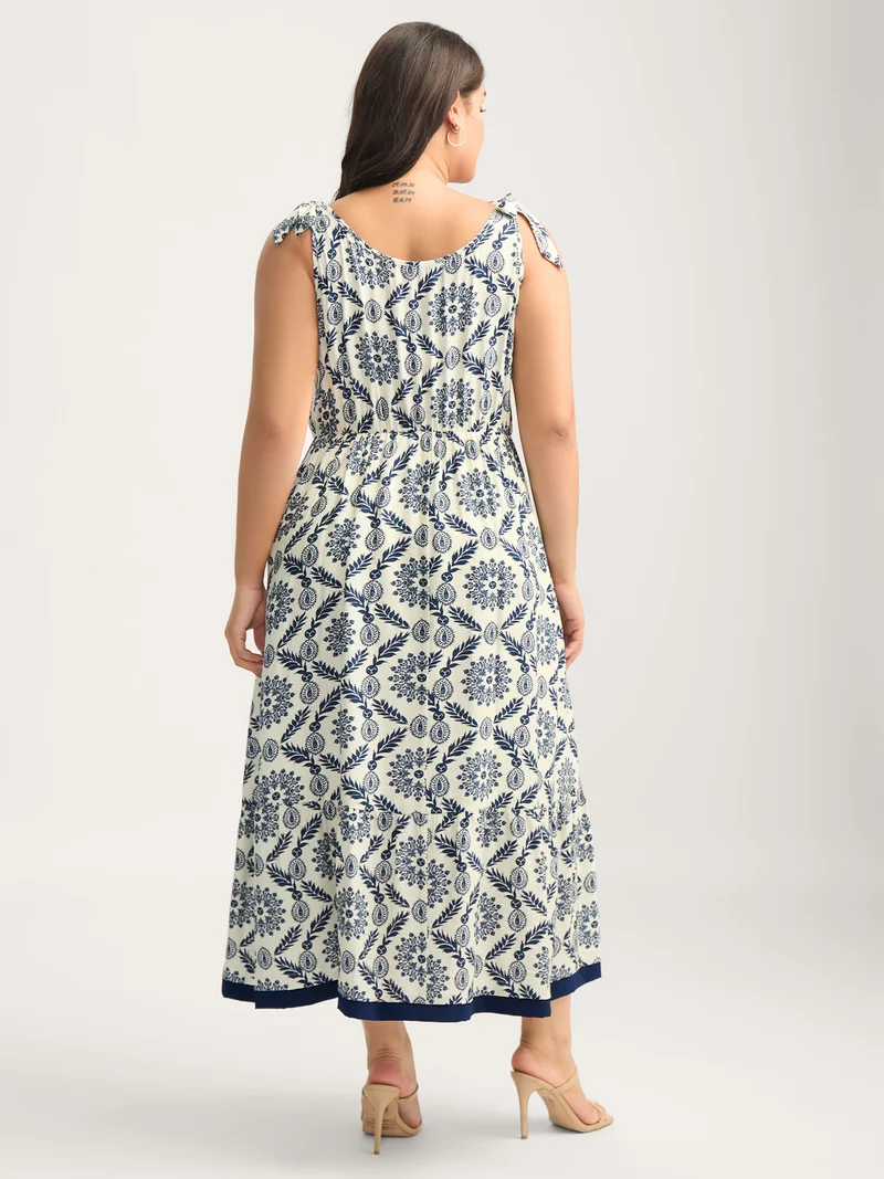 Rayon Ornate Print Knotted Shoulder Dress