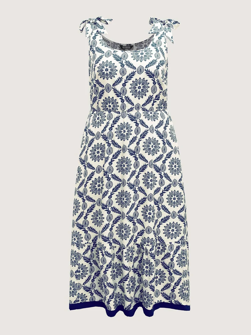 Rayon Ornate Print Knotted Shoulder Dress