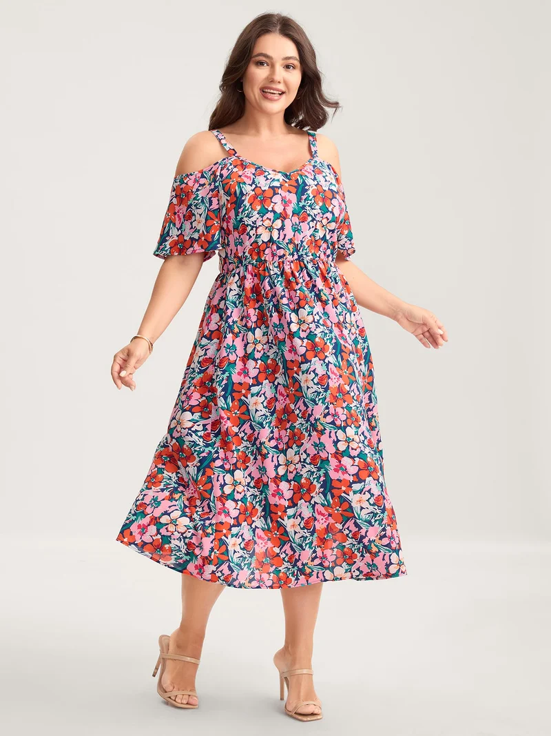 Floral Print Off-Shoulder Pockets Midi Dress