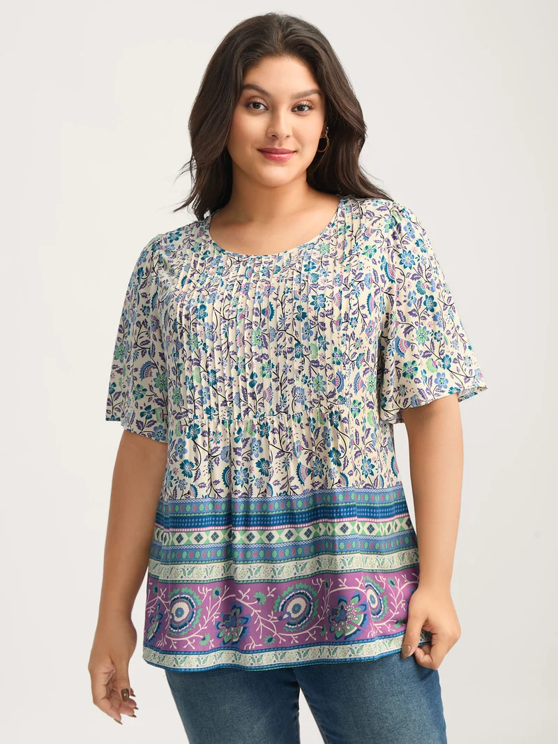 Rayon Pleated Floral Print Blouse