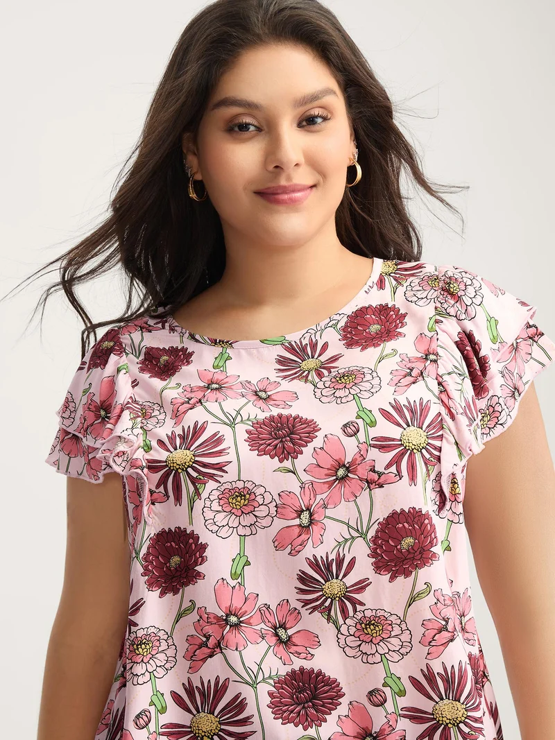 Large Floral Print Layered Sleeve Blouse