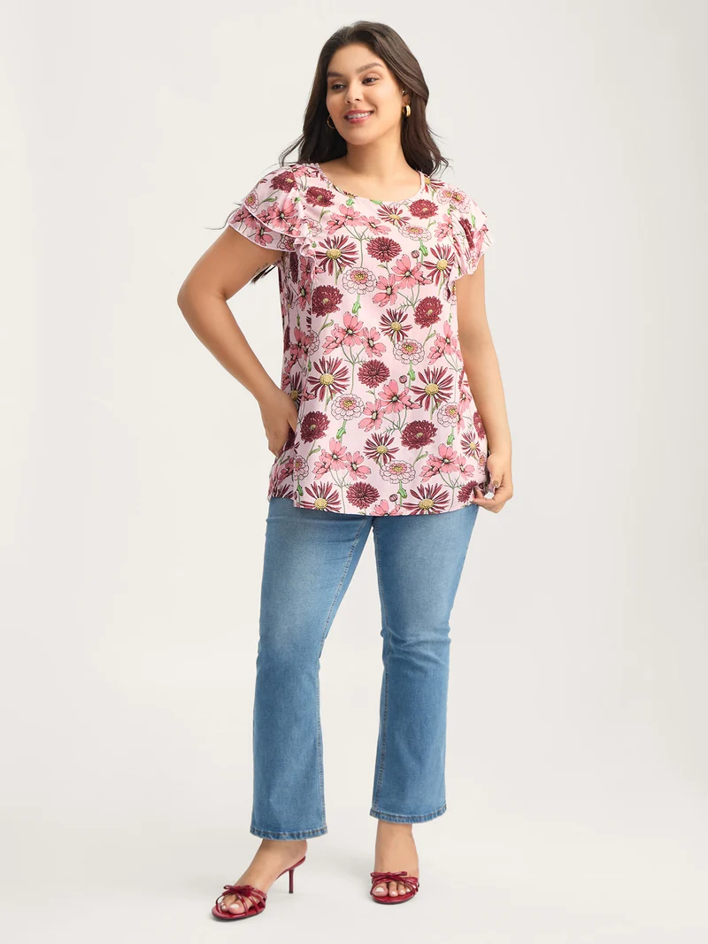 Large Floral Print Layered Sleeve Blouse