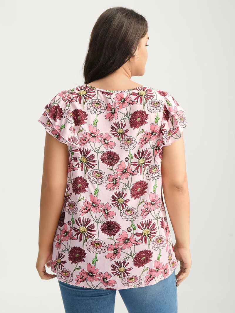 Large Floral Print Layered Sleeve Blouse