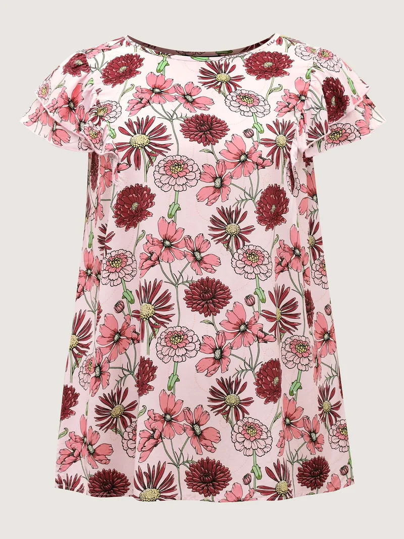 Large Floral Print Layered Sleeve Blouse
