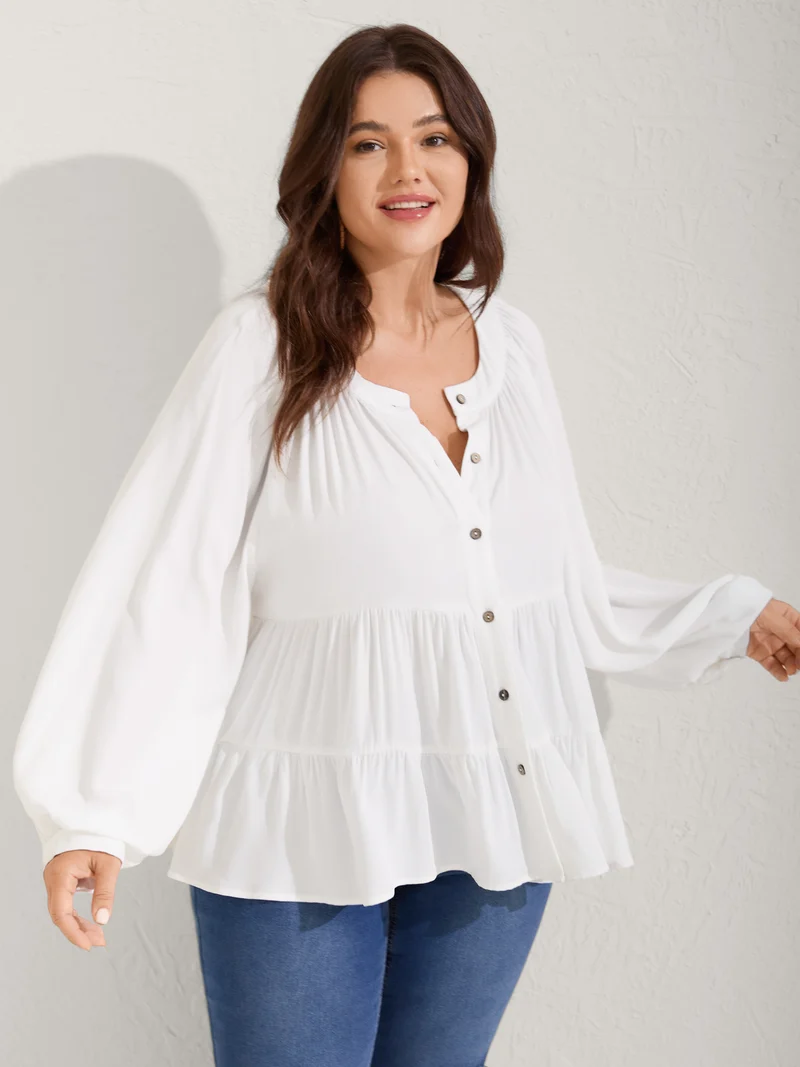 Tiered Button Placket Puffy Sleeve Blouse
