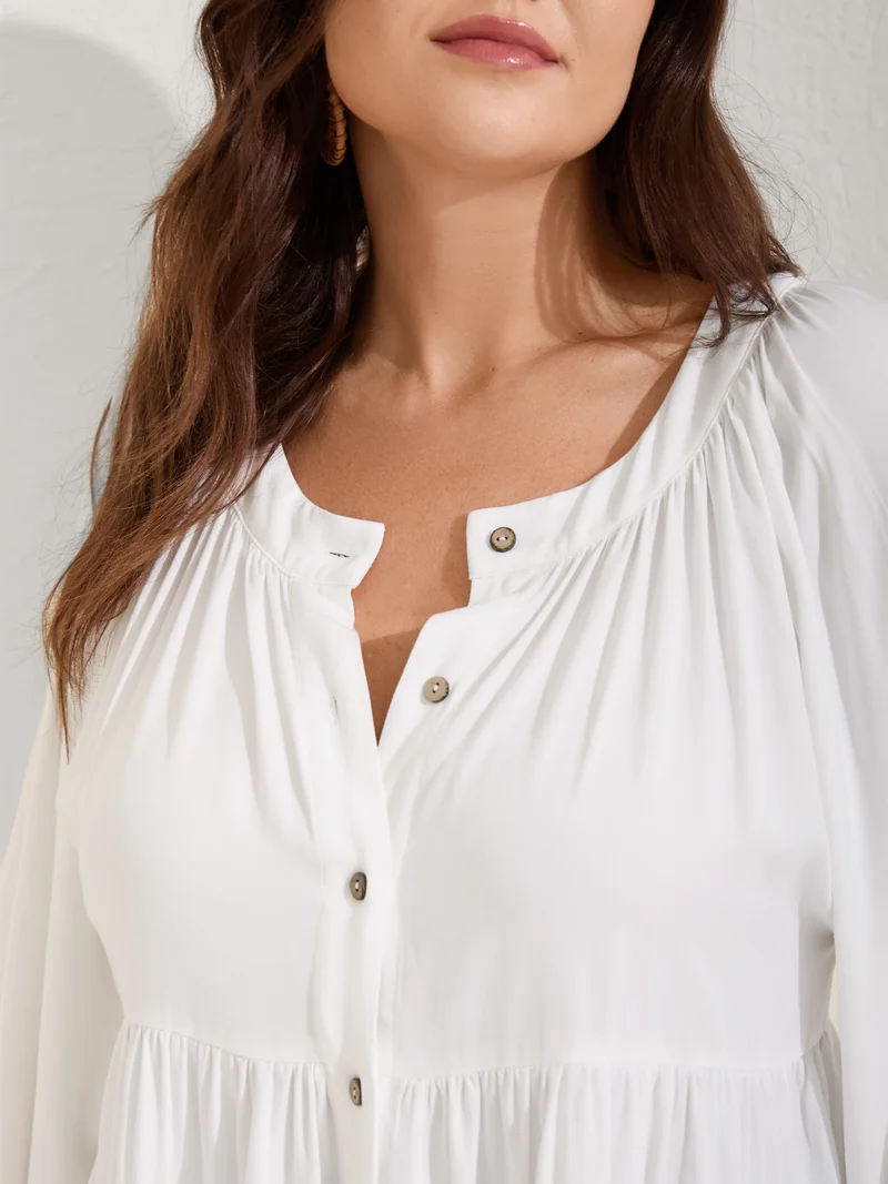 Tiered Button Placket Puffy Sleeve Blouse