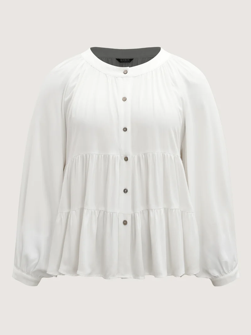 Tiered Button Placket Puffy Sleeve Blouse