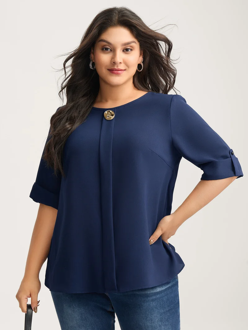 Metal Button Pleated Front Blouse