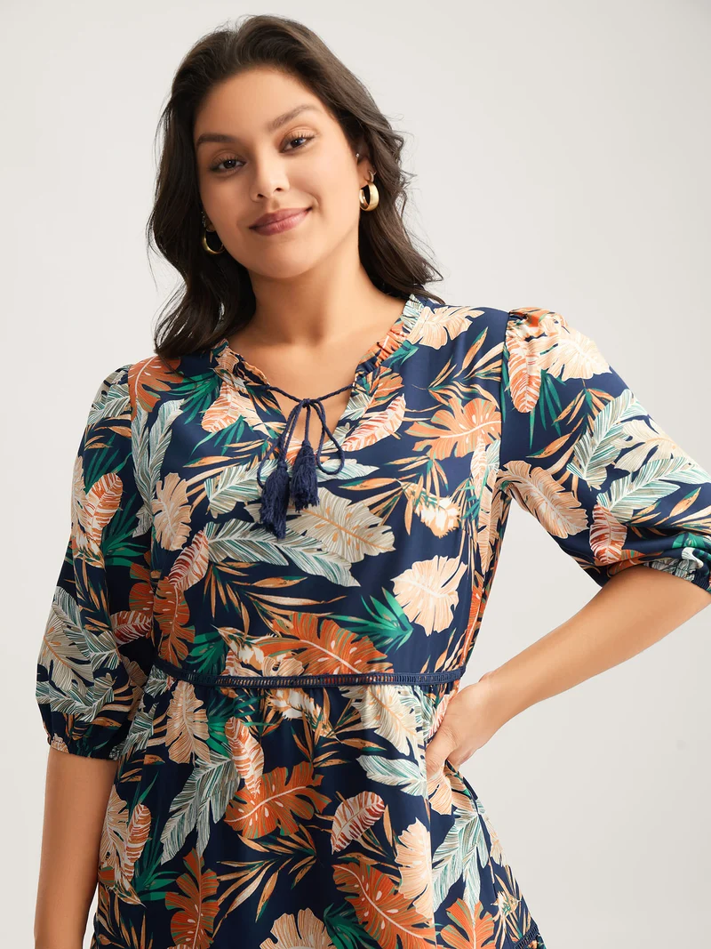 Tropical Leaf Print Lace Stretchy Midi Dress