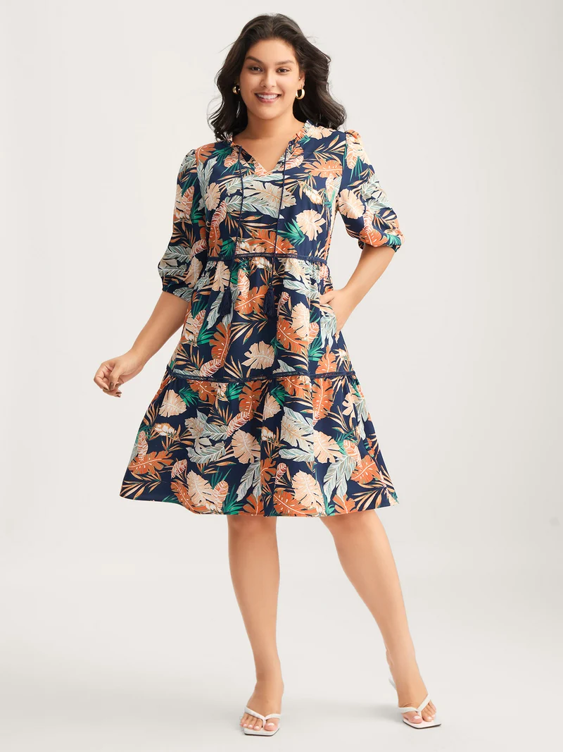 Tropical Leaf Print Lace Stretchy Midi Dress