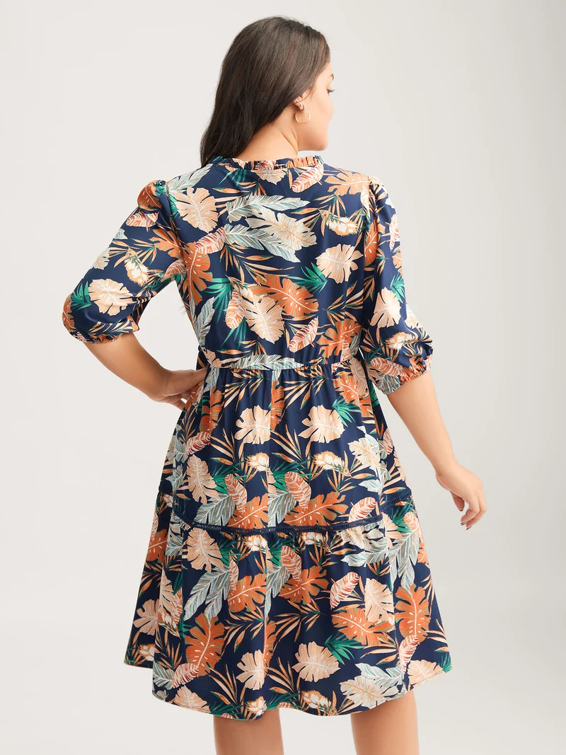 Tropical Leaf Print Lace Stretchy Midi Dress