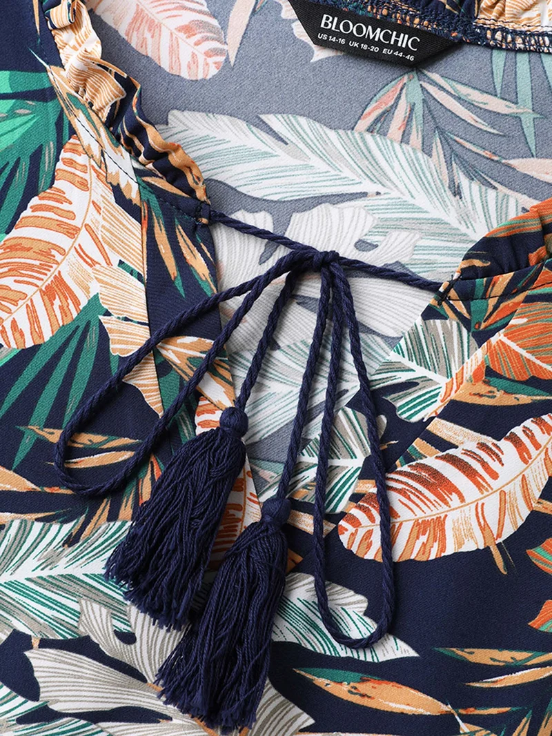Tropical Leaf Print Lace Stretchy Midi Dress