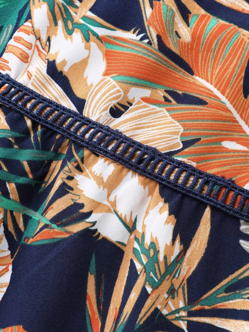 Tropical Leaf Print Lace Stretchy Midi Dress