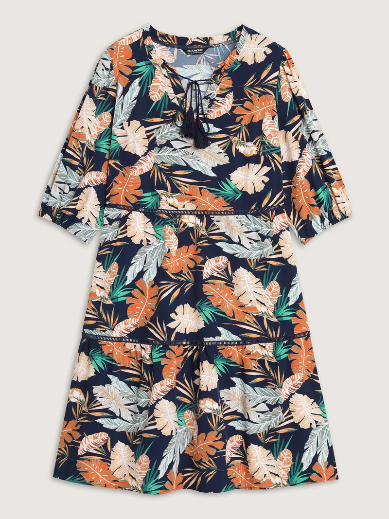Tropical Leaf Print Lace Stretchy Midi Dress