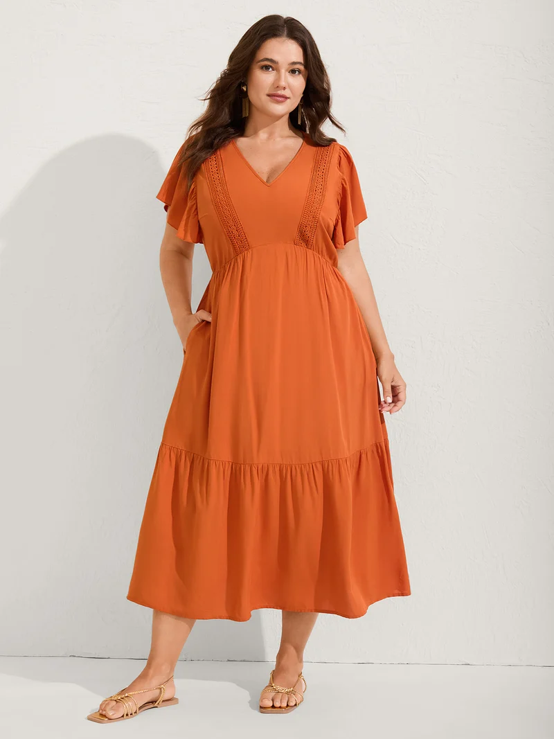 Rayon Stretchy Waist Lace Midi Dress