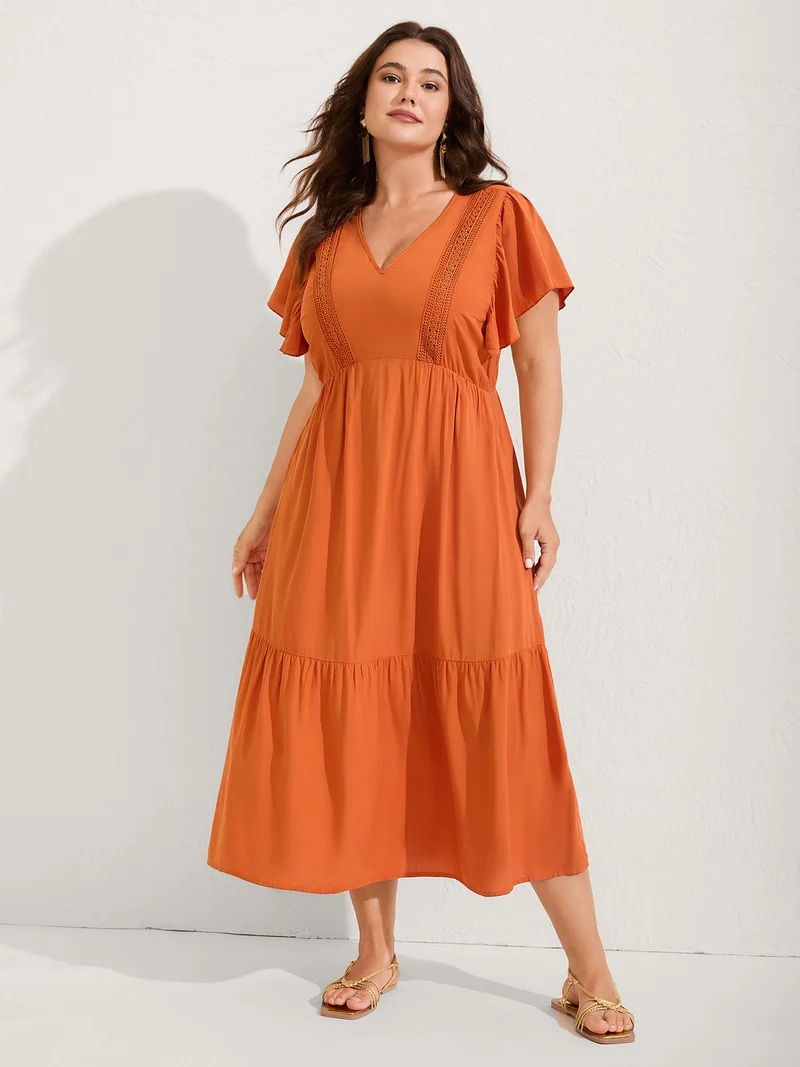 Rayon Stretchy Waist Lace Midi Dress
