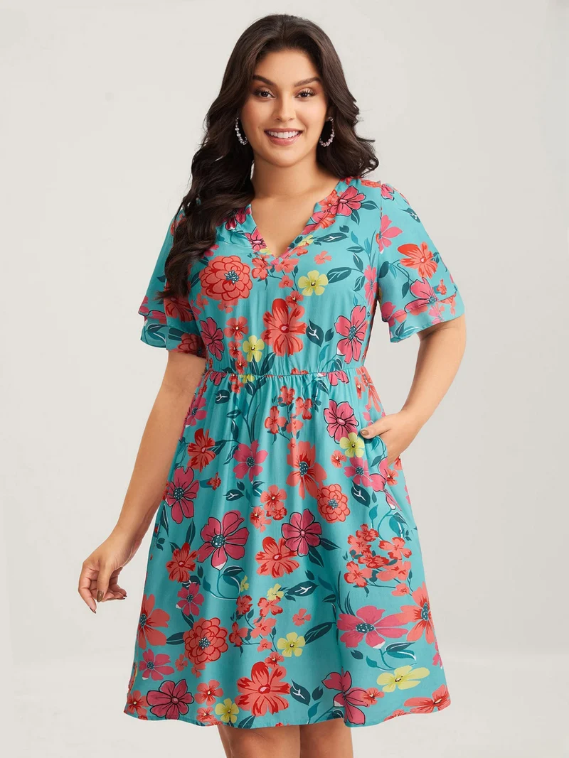 Floral Radiance Layered Sleeve Midi Dress