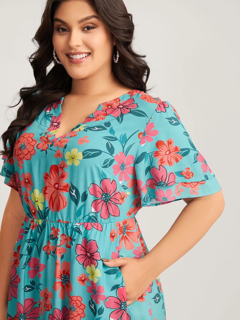 Floral Radiance Layered Sleeve Midi Dress