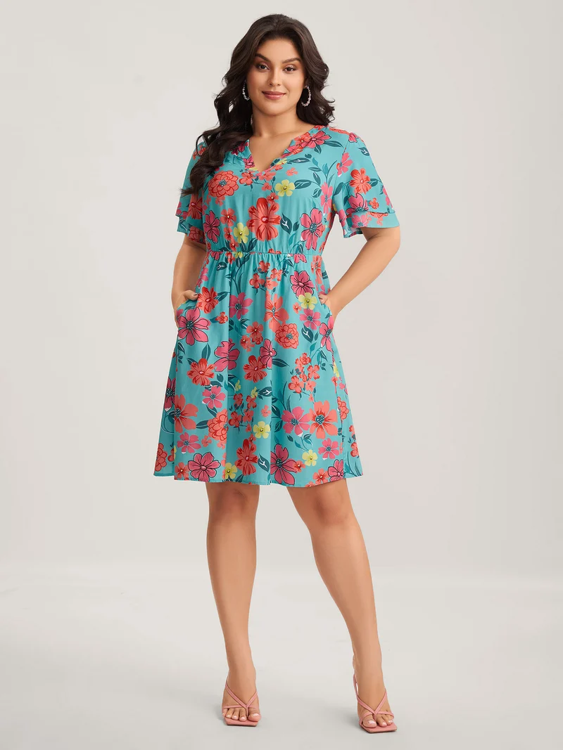 Floral Radiance Layered Sleeve Midi Dress