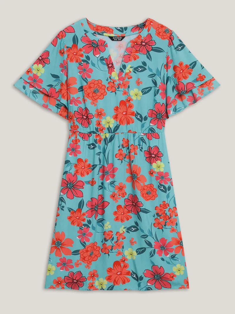 Floral Radiance Layered Sleeve Midi Dress