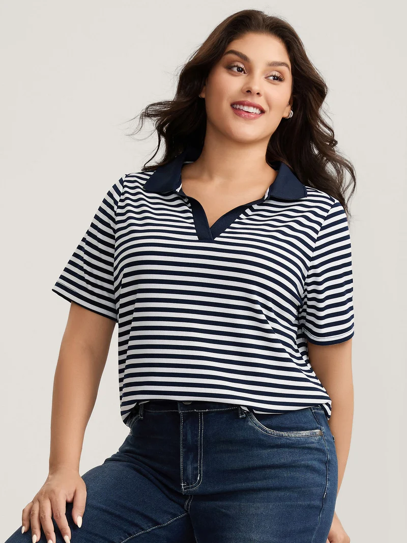 Polo Collar Stripes Contrast T-Shirt
