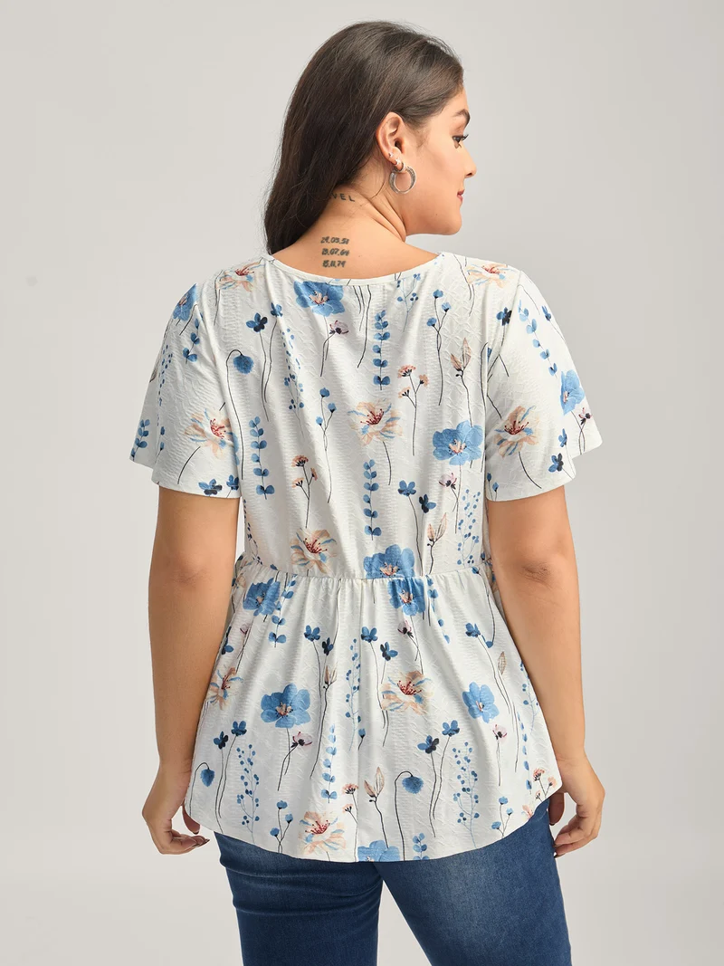 Floral Lace-Trimmed Textured Babydoll Top