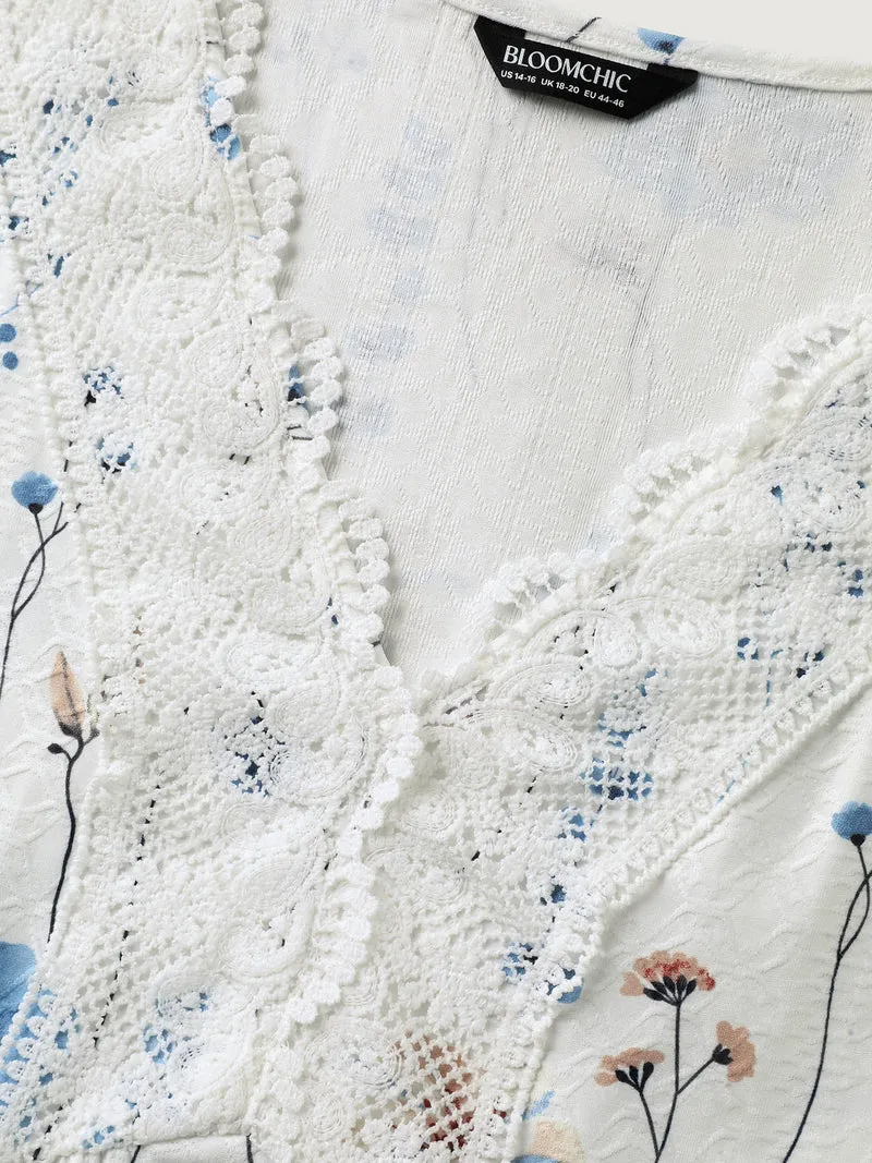 Floral Lace-Trimmed Textured Babydoll Top