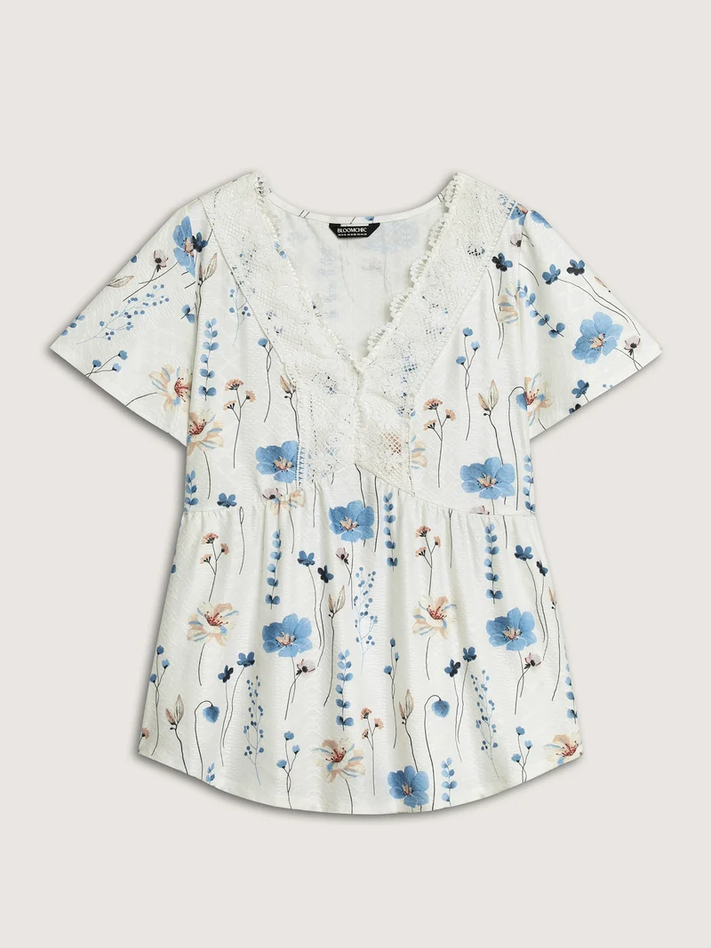 Floral Lace-Trimmed Textured Babydoll Top