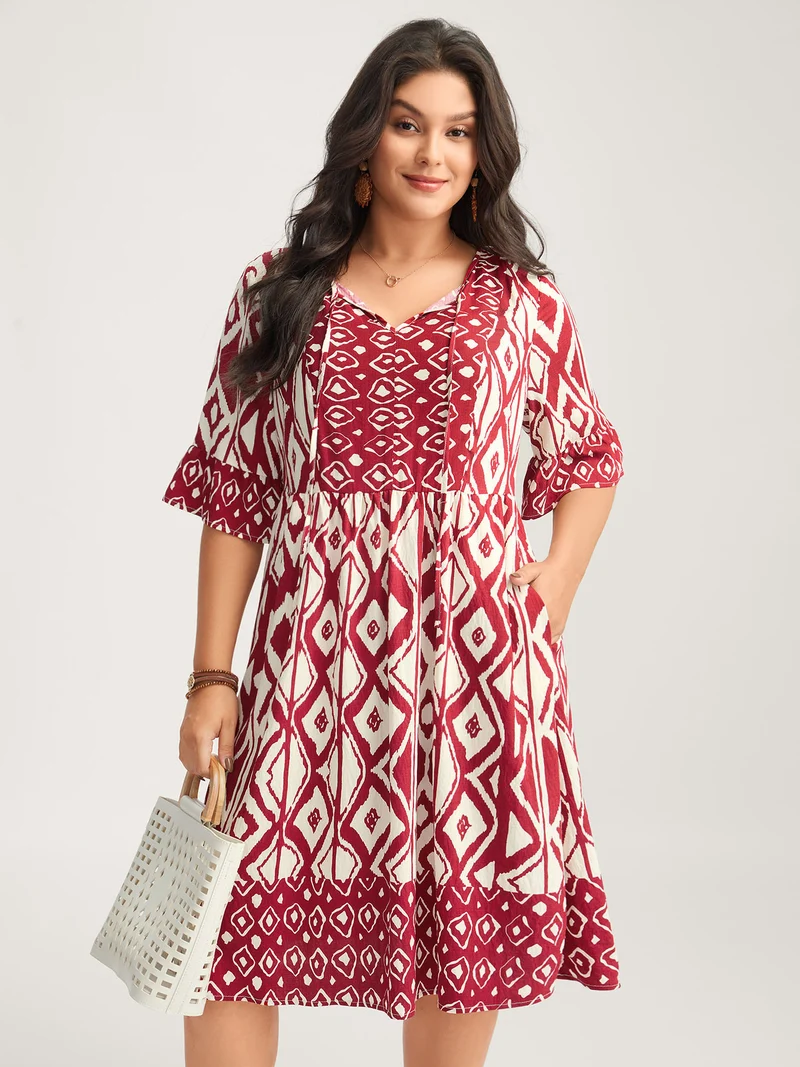 Rayon Geometric Print Midi Dress