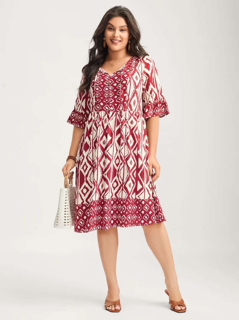 Rayon Geometric Print Midi Dress