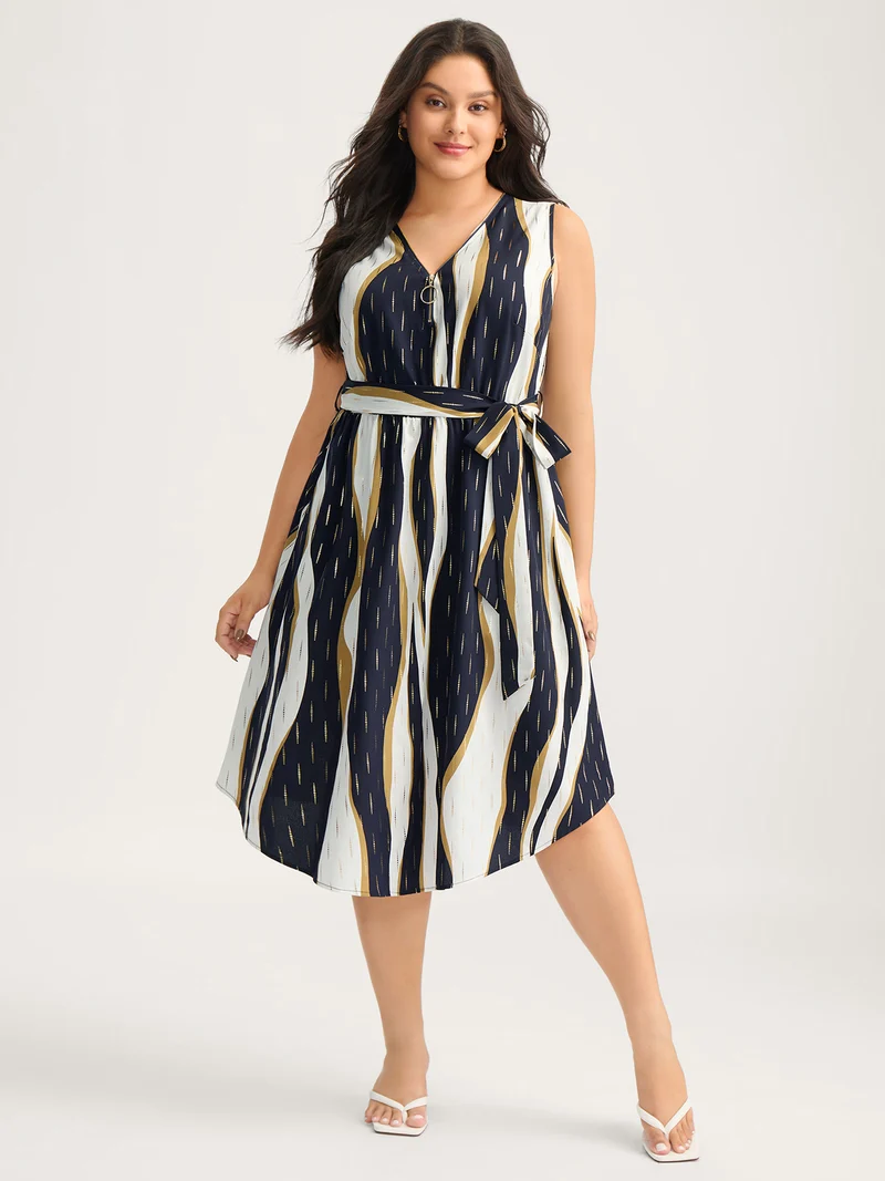 Gold Stamp Wavy Striped Lined Midi Dress