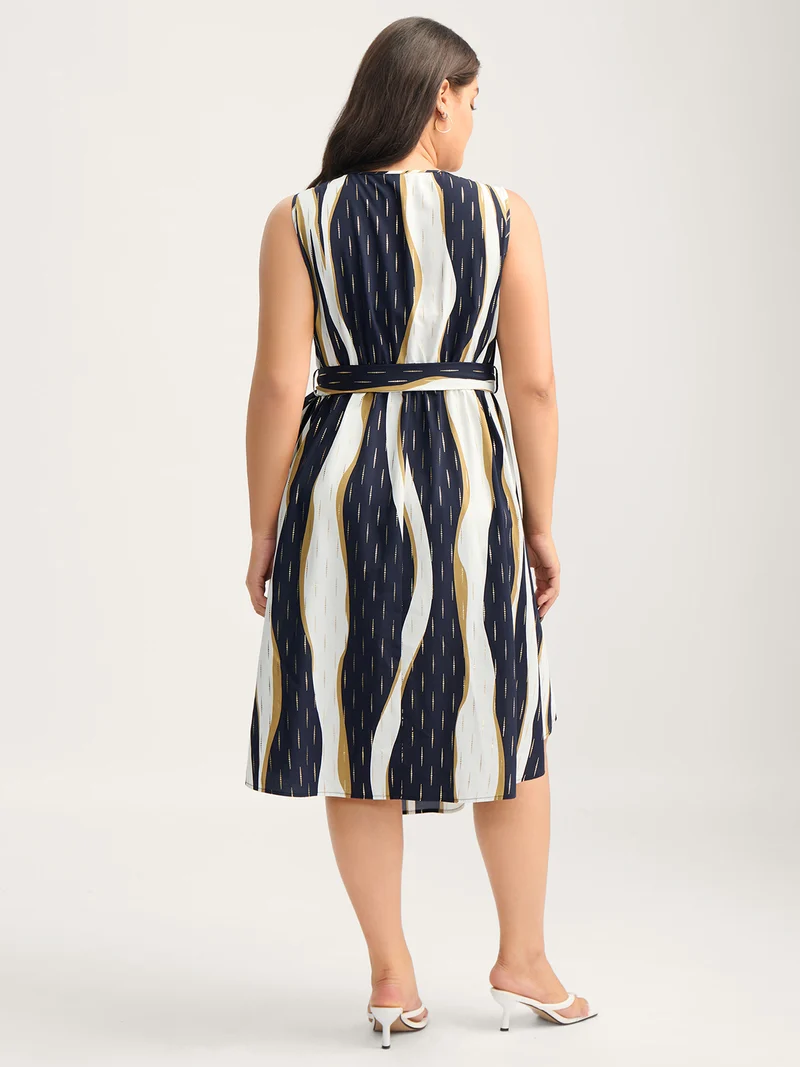 Gold Stamp Wavy Striped Lined Midi Dress