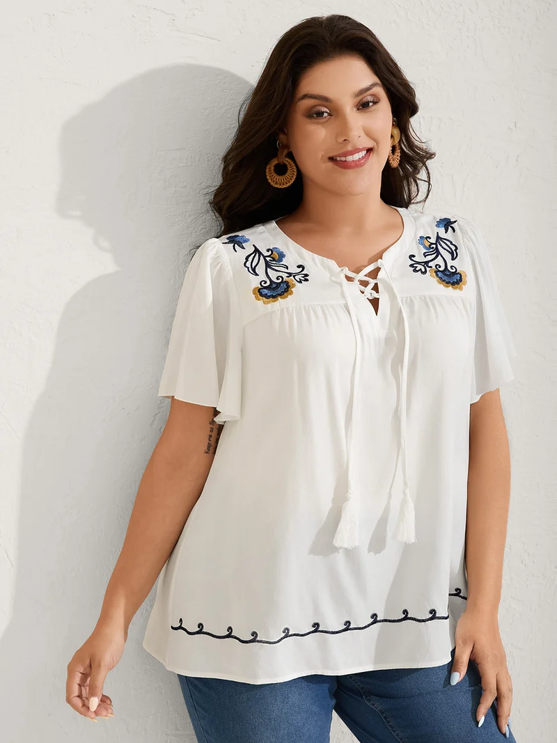 Floral Embroidered Cross-Tie Neck Blouse