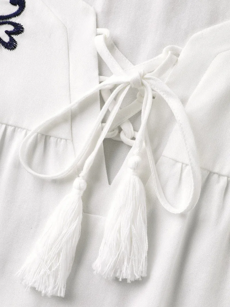 Floral Embroidered Cross-Tie Neck Blouse