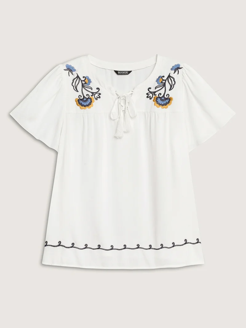 Floral Embroidered Cross-Tie Neck Blouse