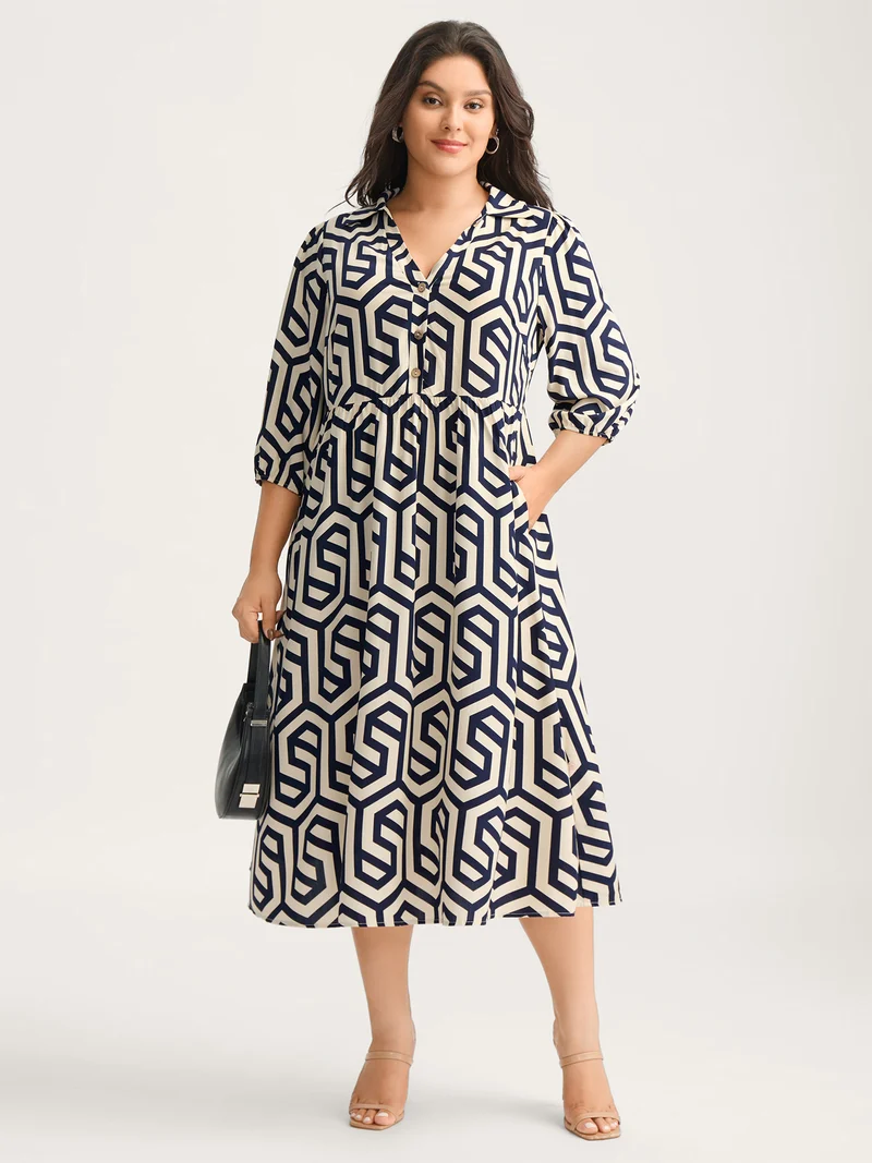 Rayon Geometric Pattern Button Midi Dress
