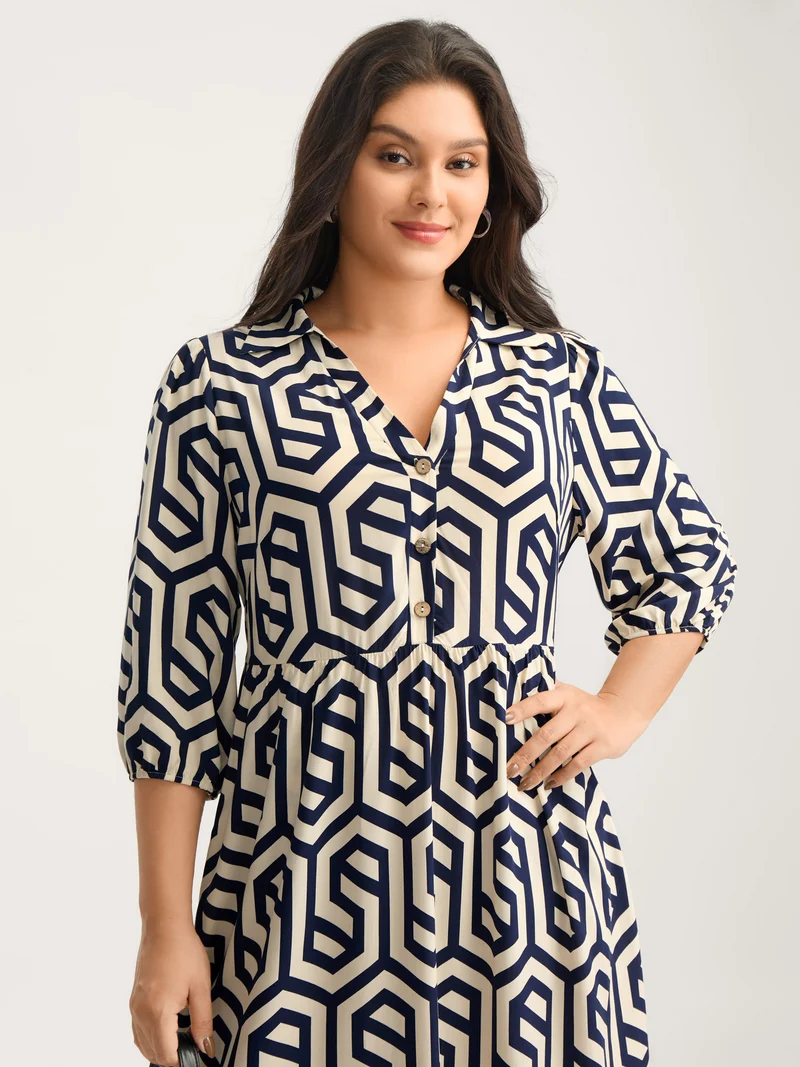 Rayon Geometric Pattern Button Midi Dress