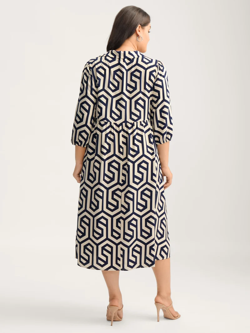 Rayon Geometric Pattern Button Midi Dress