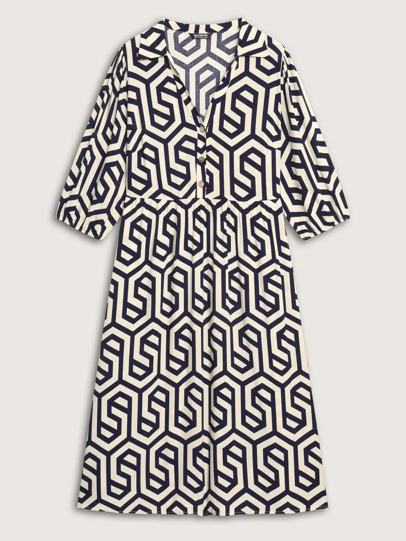 Rayon Geometric Pattern Button Midi Dress