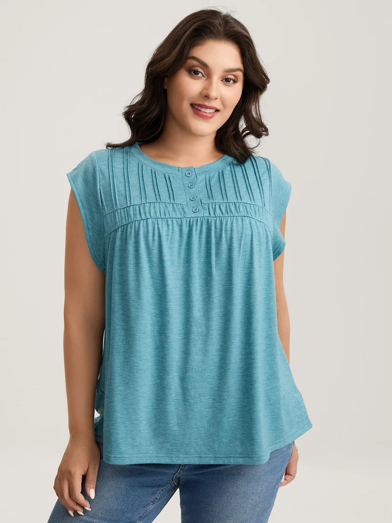 Heather Pleated Buttons Placket Solid T-Shirt