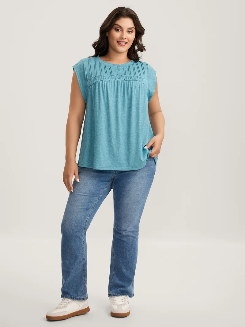 Heather Pleated Buttons Placket Solid T-Shirt