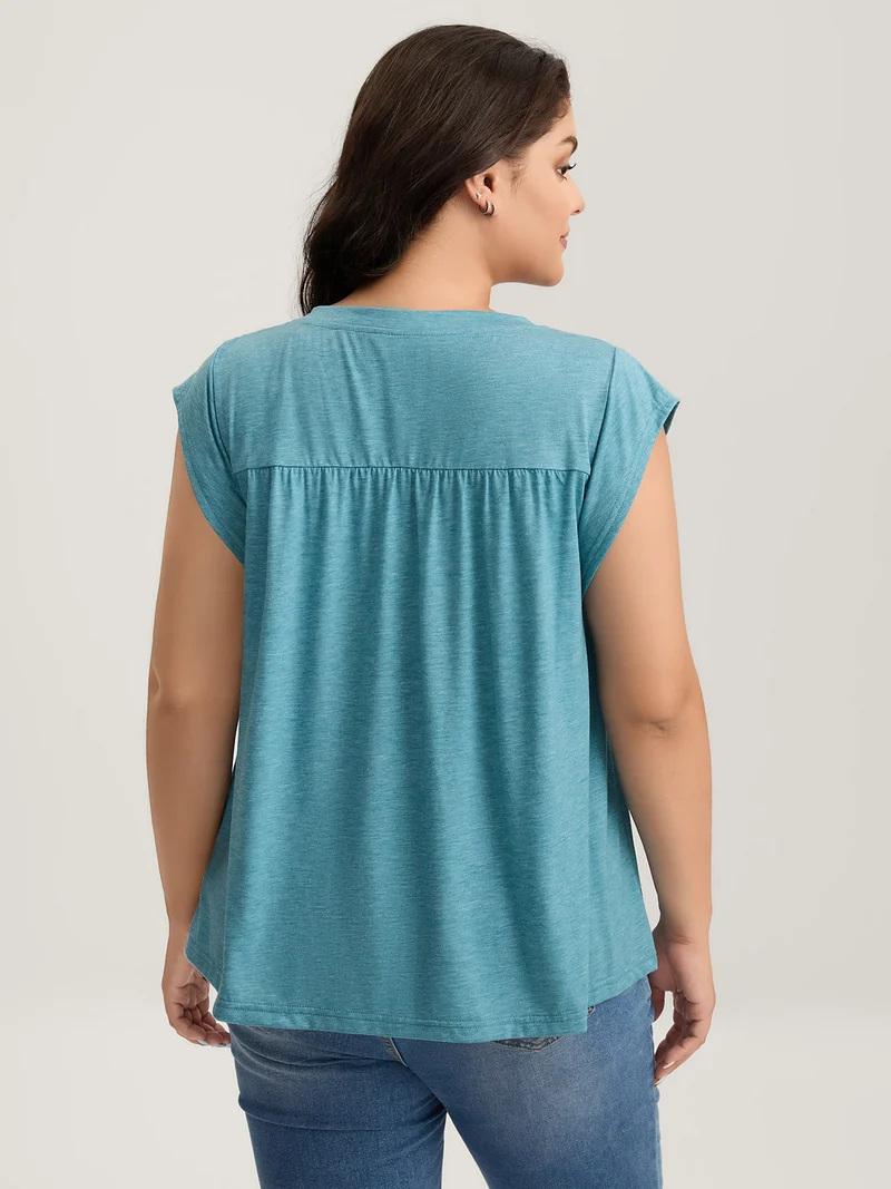 Heather Pleated Buttons Placket Solid T-Shirt